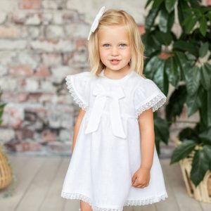 Lininė krikšto suknelė mergaitei Baltas kaspinas